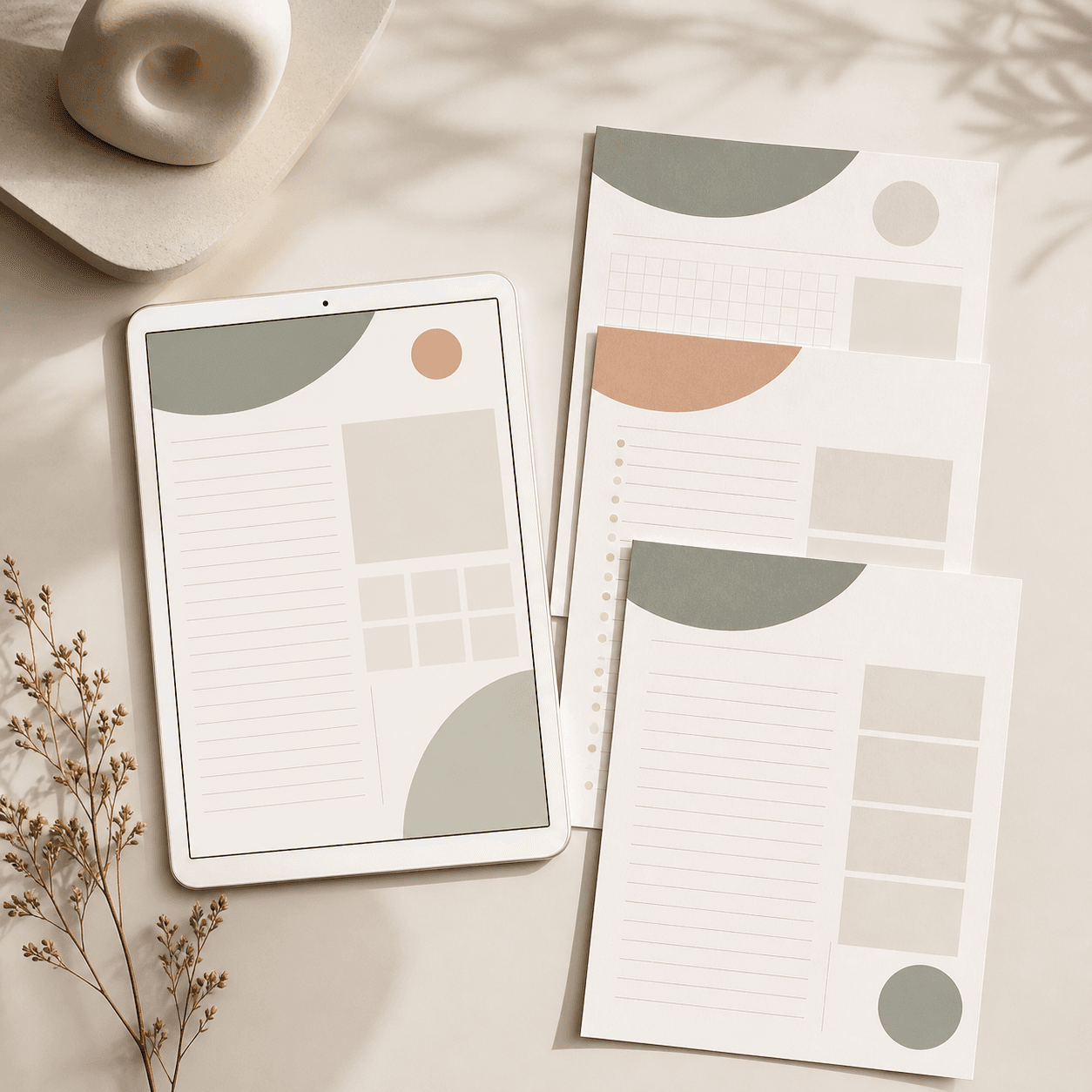 A tablet and printable planner pages styled as a VisualBraid sales kit